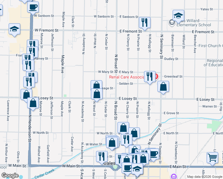 map of restaurants, bars, coffee shops, grocery stores, and more near 44 Osage Street in Galesburg