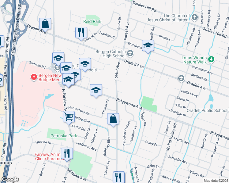 map of restaurants, bars, coffee shops, grocery stores, and more near 394 Wagner Court in Paramus