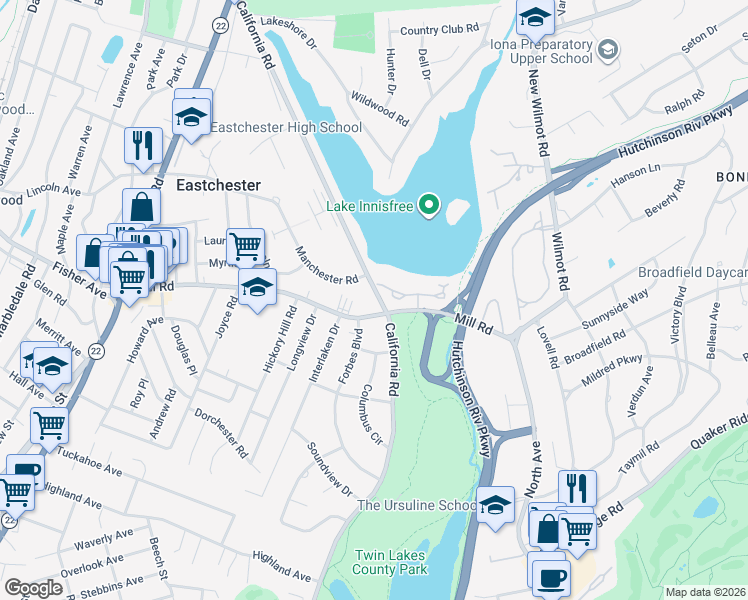 map of restaurants, bars, coffee shops, grocery stores, and more near 1177 California Road in Eastchester