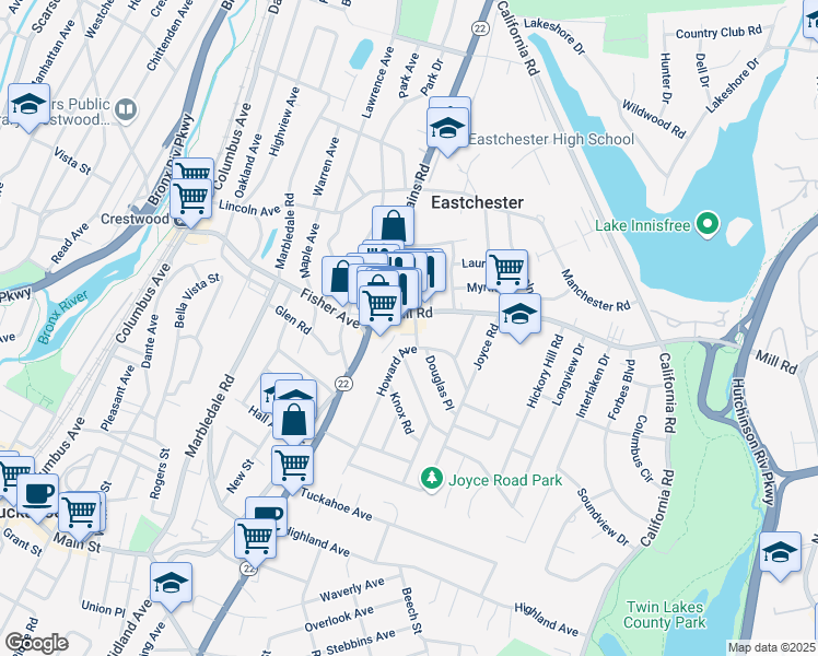 map of restaurants, bars, coffee shops, grocery stores, and more near 1 Mayfair Road in Eastchester