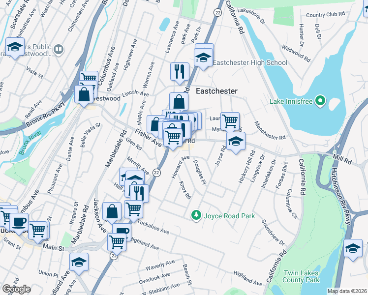 map of restaurants, bars, coffee shops, grocery stores, and more near 1 Mayfair Road in Eastchester