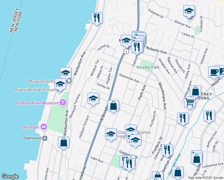 map of restaurants, bars, coffee shops, grocery stores, and more near North Broadway in Yonkers