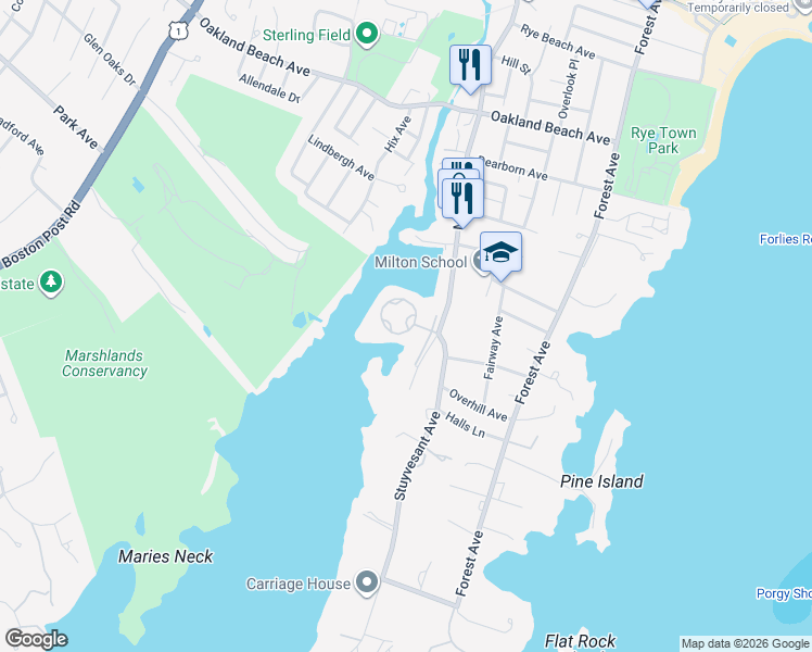 map of restaurants, bars, coffee shops, grocery stores, and more near 720 Milton Road in Rye