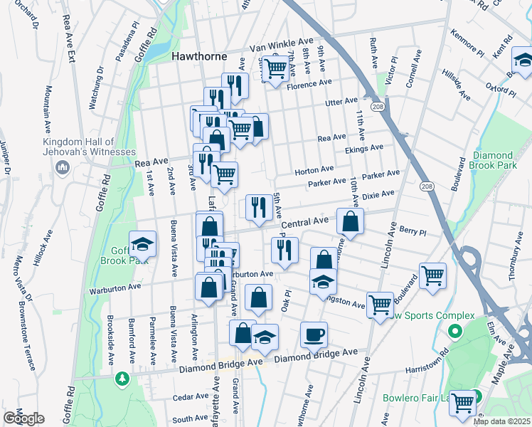 map of restaurants, bars, coffee shops, grocery stores, and more near 177 Forest Avenue in Hawthorne
