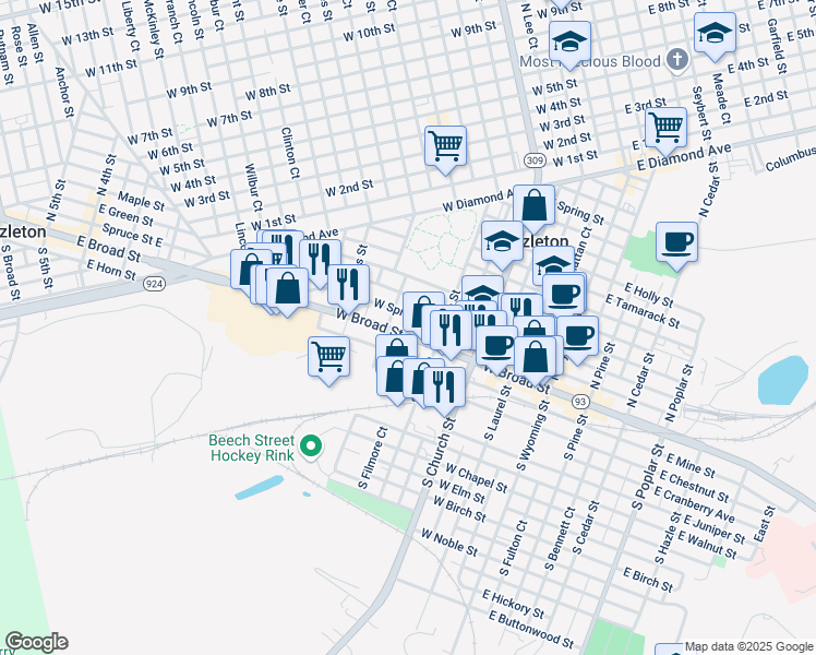 map of restaurants, bars, coffee shops, grocery stores, and more near 360 Spruce Street in Hazleton