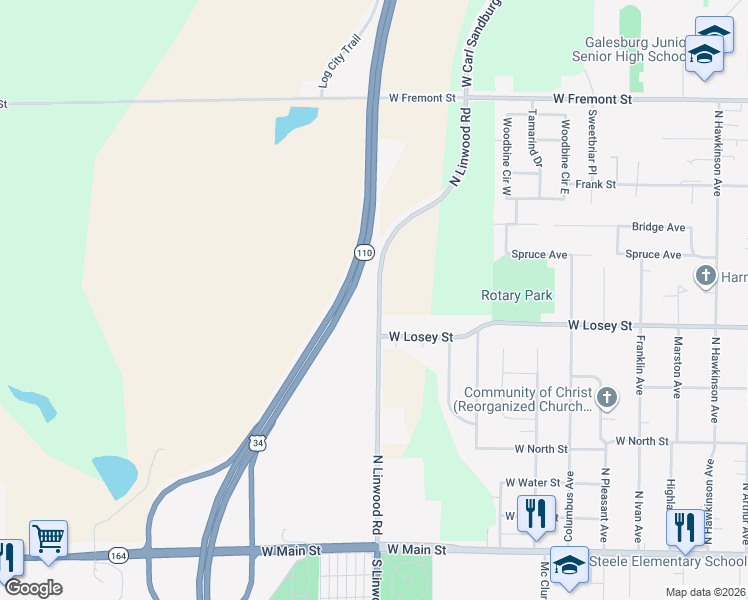 map of restaurants, bars, coffee shops, grocery stores, and more near 2097 West Losey Street in Galesburg