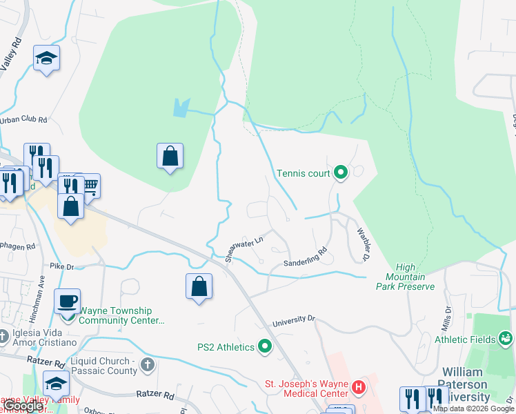 map of restaurants, bars, coffee shops, grocery stores, and more near 124 Bobolink Court in Wayne