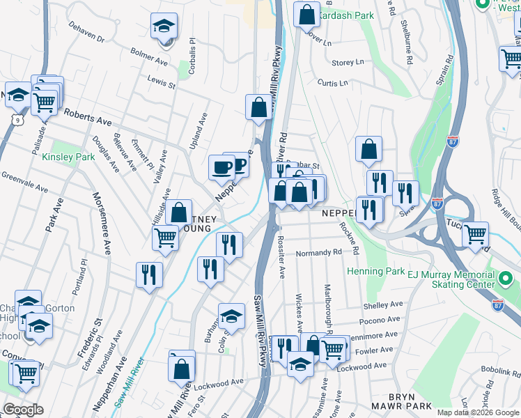 map of restaurants, bars, coffee shops, grocery stores, and more near 581 Saw Mill River Road in Yonkers
