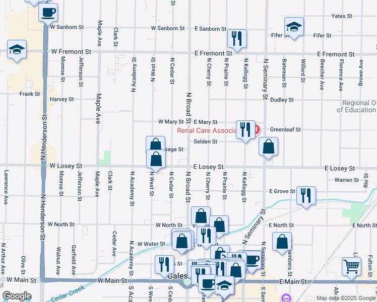 map of restaurants, bars, coffee shops, grocery stores, and more near 715 North Broad Street in Galesburg