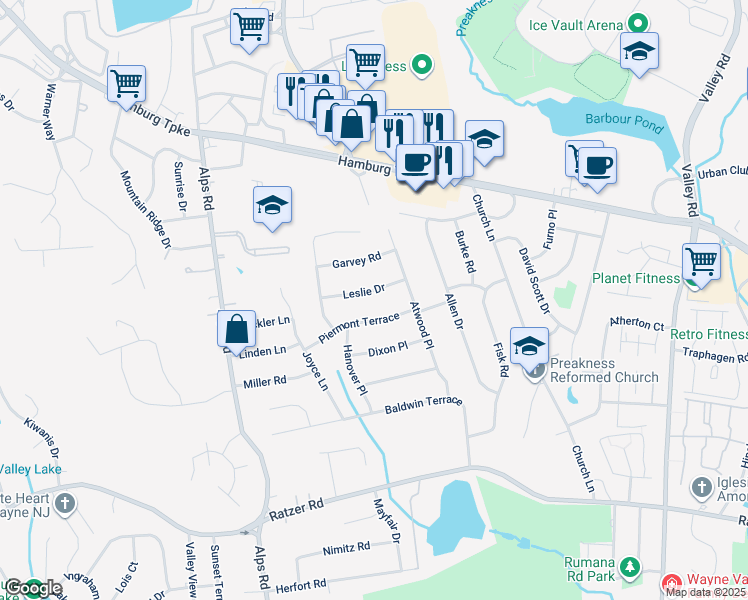 map of restaurants, bars, coffee shops, grocery stores, and more near 26 Leslie Dr in Wayne