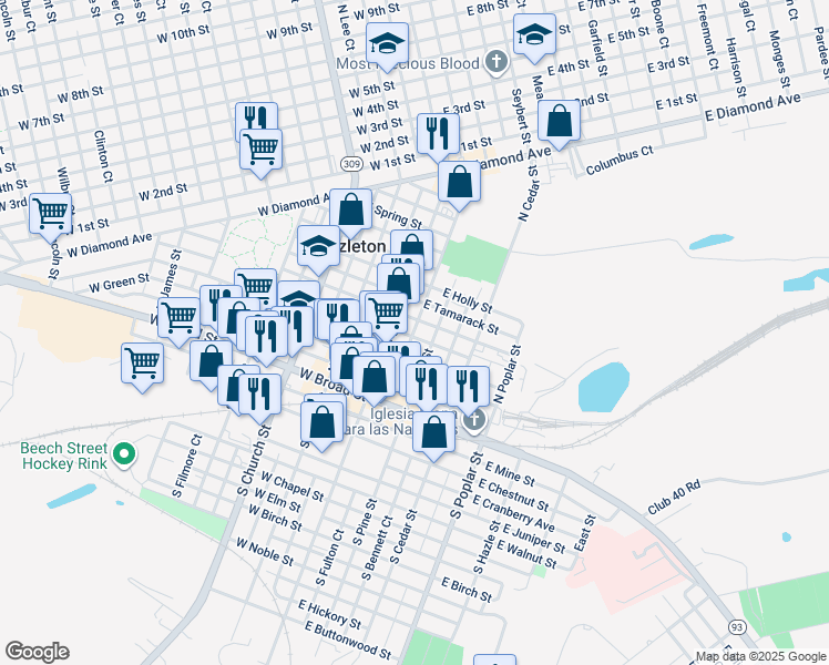 map of restaurants, bars, coffee shops, grocery stores, and more near 25 East Oak Street in Hazleton