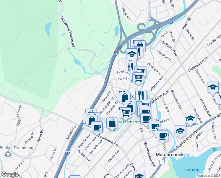map of restaurants, bars, coffee shops, grocery stores, and more near 111 Grand Street in Mamaroneck
