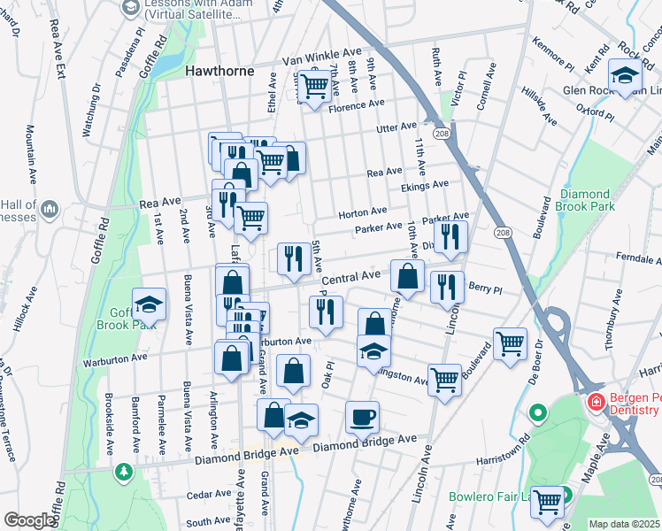 map of restaurants, bars, coffee shops, grocery stores, and more near 10 Dixie Avenue in Hawthorne