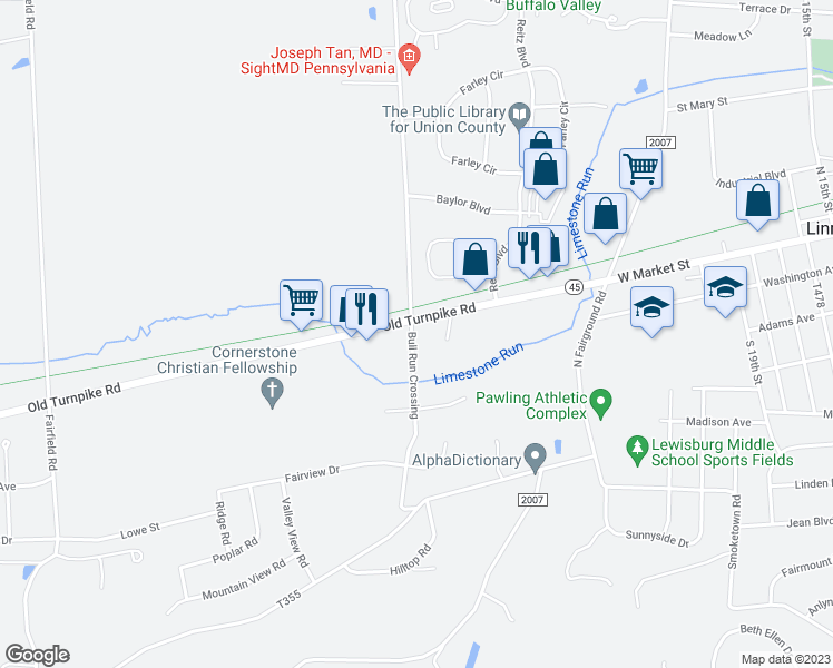 map of restaurants, bars, coffee shops, grocery stores, and more near 2497 Old Turnpike Road in Lewisburg