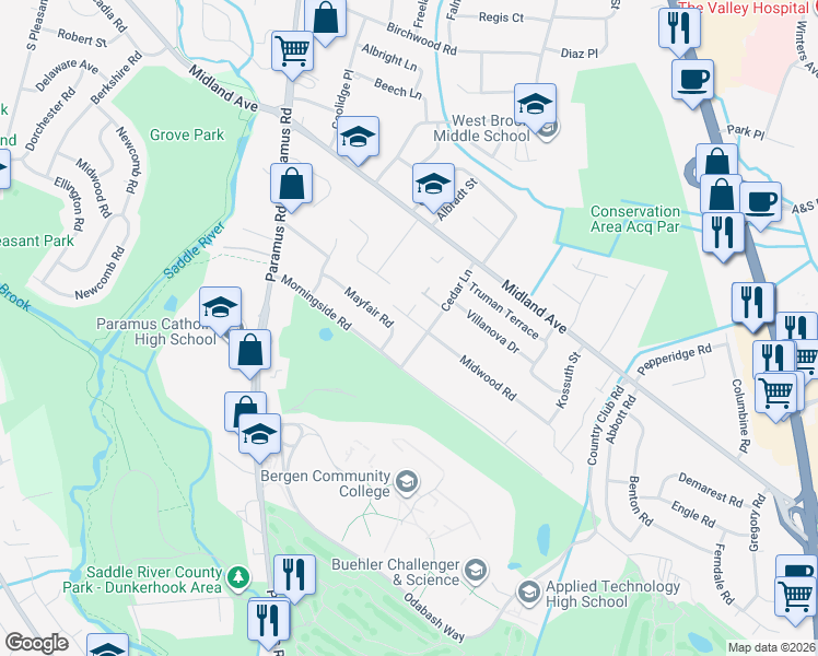 map of restaurants, bars, coffee shops, grocery stores, and more near 220 Midwood Road in Paramus