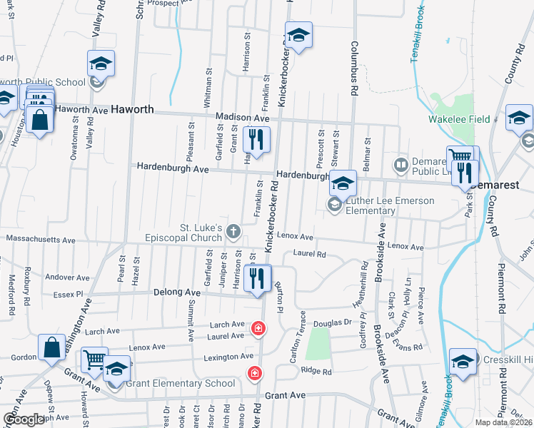 map of restaurants, bars, coffee shops, grocery stores, and more near 39 Knickerbocker Road in Demarest