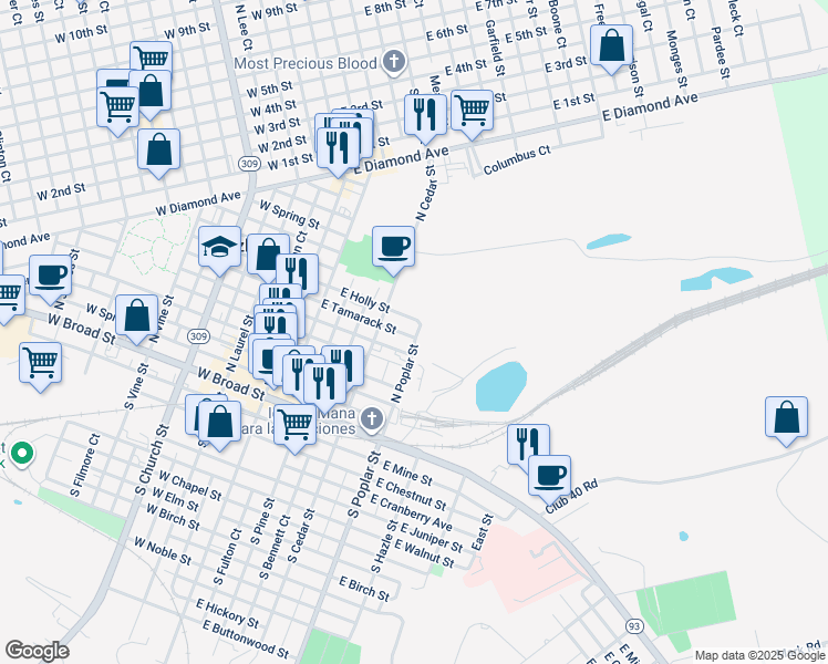 map of restaurants, bars, coffee shops, grocery stores, and more near East Tamarack Street in Hazleton