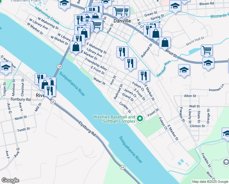 map of restaurants, bars, coffee shops, grocery stores, and more near 548 Grand Street in Danville