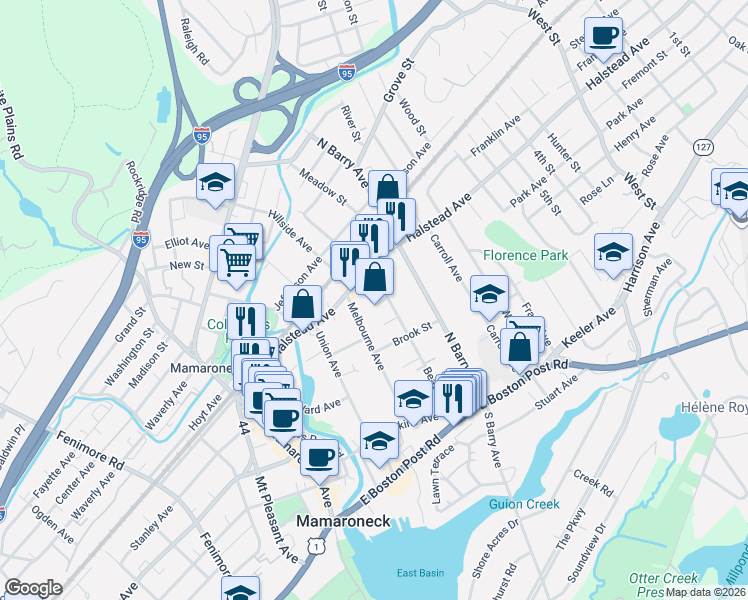 map of restaurants, bars, coffee shops, grocery stores, and more near 440 Beach Avenue in Mamaroneck