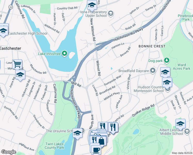 map of restaurants, bars, coffee shops, grocery stores, and more near 27 Stony Gate Oval in New Rochelle