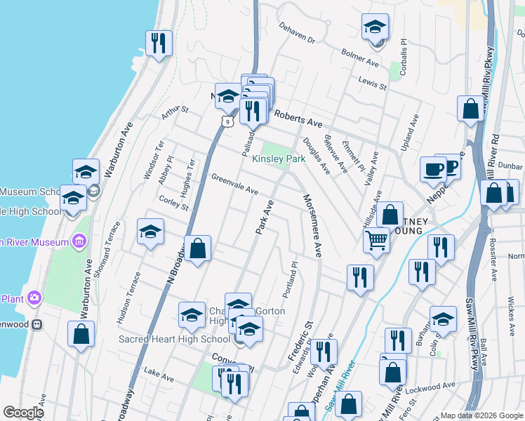 map of restaurants, bars, coffee shops, grocery stores, and more near 80 Northview Terrace in Yonkers