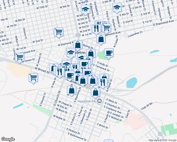 map of restaurants, bars, coffee shops, grocery stores, and more near 38 East Hemlock Street in Hazleton