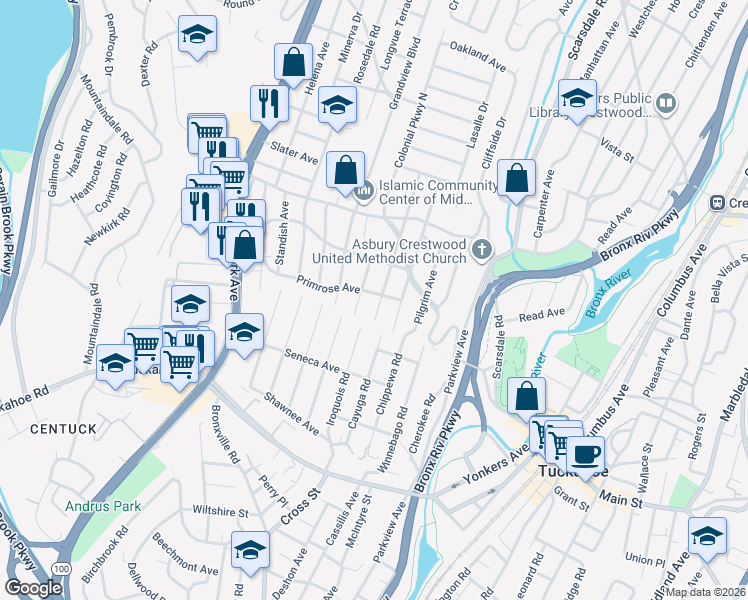 map of restaurants, bars, coffee shops, grocery stores, and more near 21 Carver Terrace in Yonkers