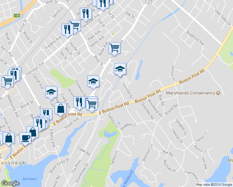 map of restaurants, bars, coffee shops, grocery stores, and more near 1415 Sunnyside Avenue in Mamaroneck