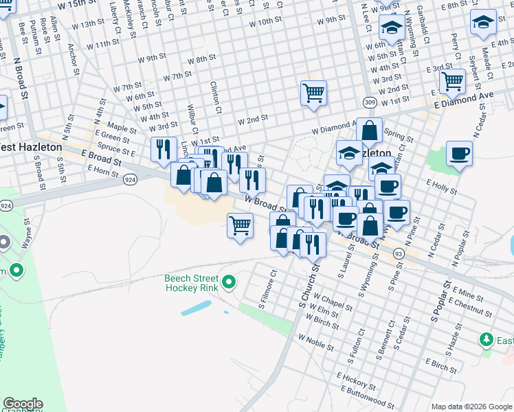 map of restaurants, bars, coffee shops, grocery stores, and more near 436 West Broad Street in Hazleton