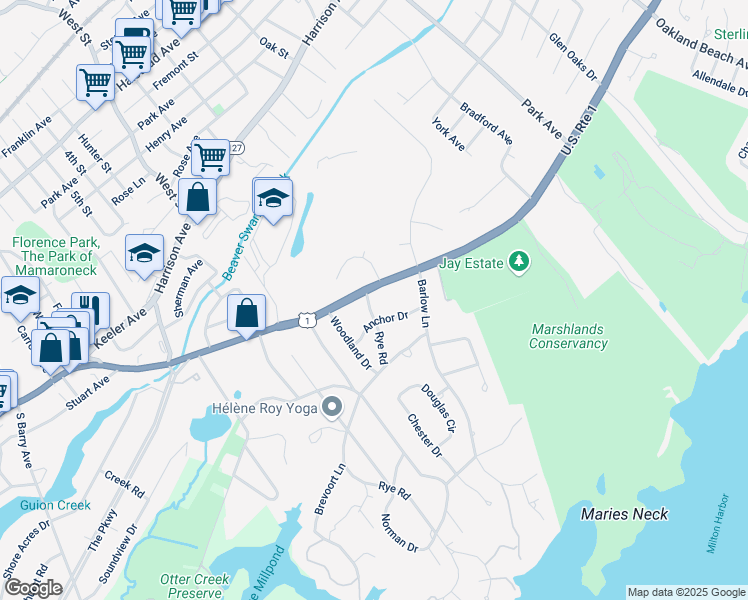 map of restaurants, bars, coffee shops, grocery stores, and more near 1 Rye Road in Rye