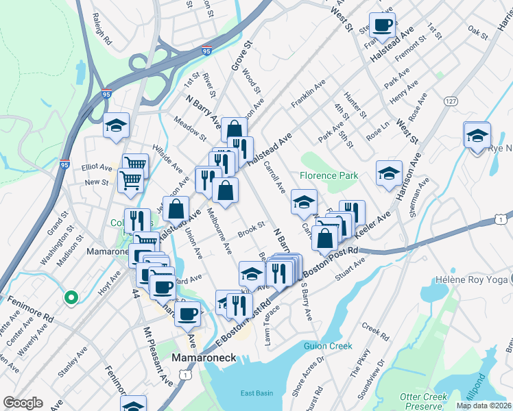 map of restaurants, bars, coffee shops, grocery stores, and more near 422 North Barry Avenue in Mamaroneck