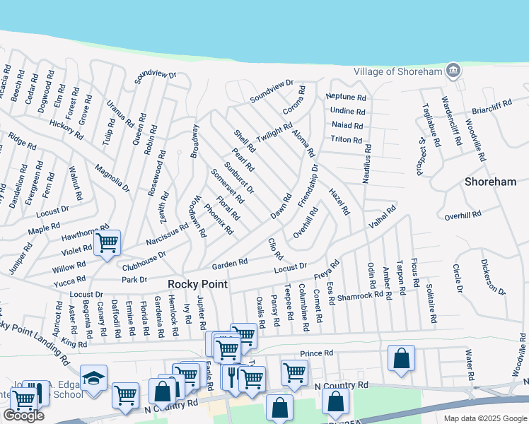 map of restaurants, bars, coffee shops, grocery stores, and more near 7 Sunburst Drive in Rocky Point