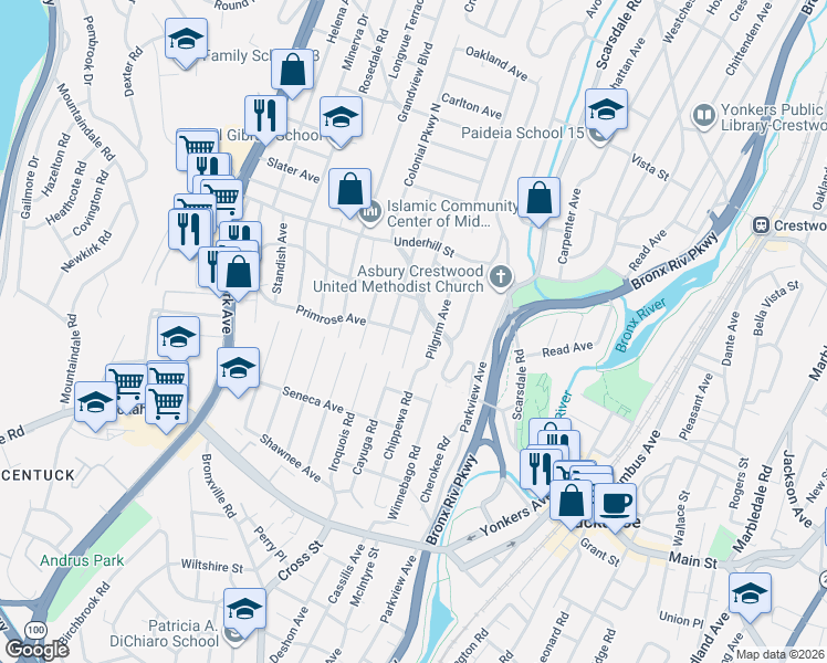map of restaurants, bars, coffee shops, grocery stores, and more near 34 Puritan Avenue in Yonkers