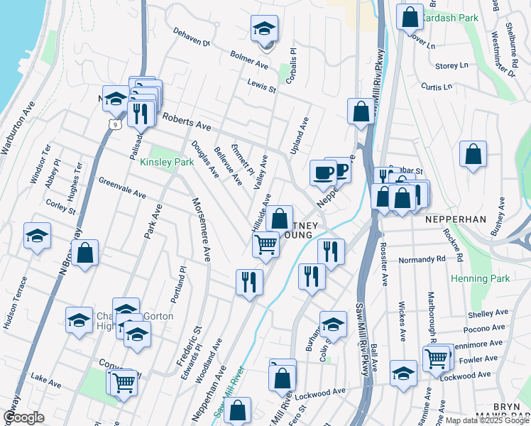 map of restaurants, bars, coffee shops, grocery stores, and more near 82 Hillside Avenue in Yonkers