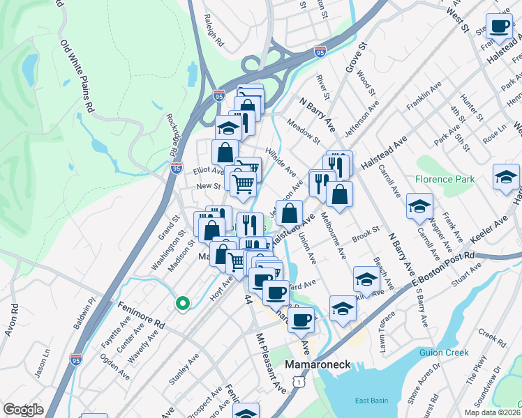 map of restaurants, bars, coffee shops, grocery stores, and more near 210 Jefferson Avenue in Mamaroneck