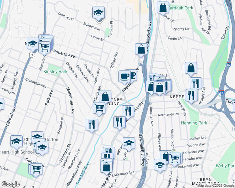 map of restaurants, bars, coffee shops, grocery stores, and more near 923 Nepperhan Avenue in Yonkers