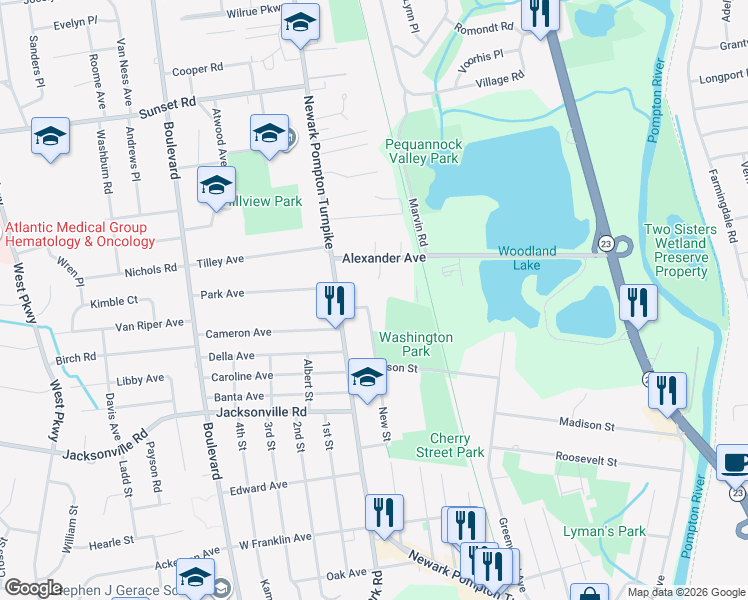 map of restaurants, bars, coffee shops, grocery stores, and more near 9 Washington Street in Pequannock Township