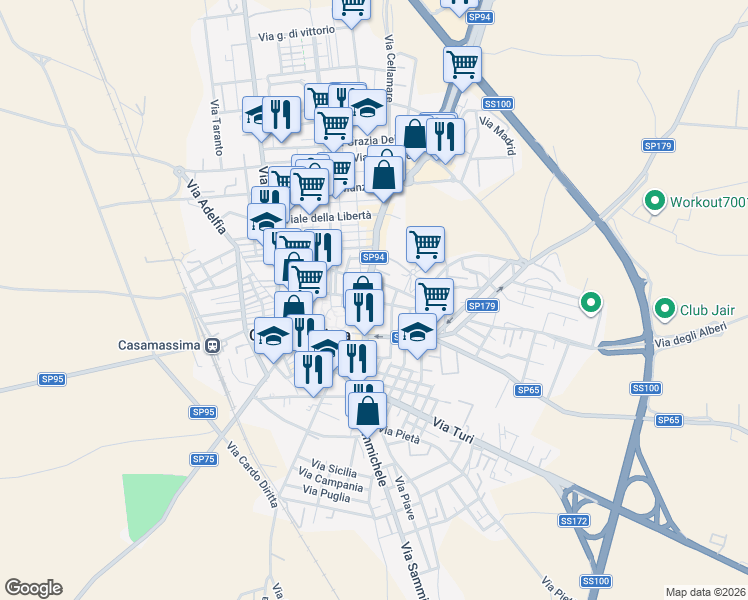 map of restaurants, bars, coffee shops, grocery stores, and more near 3 Via Imbriani in Casamassima