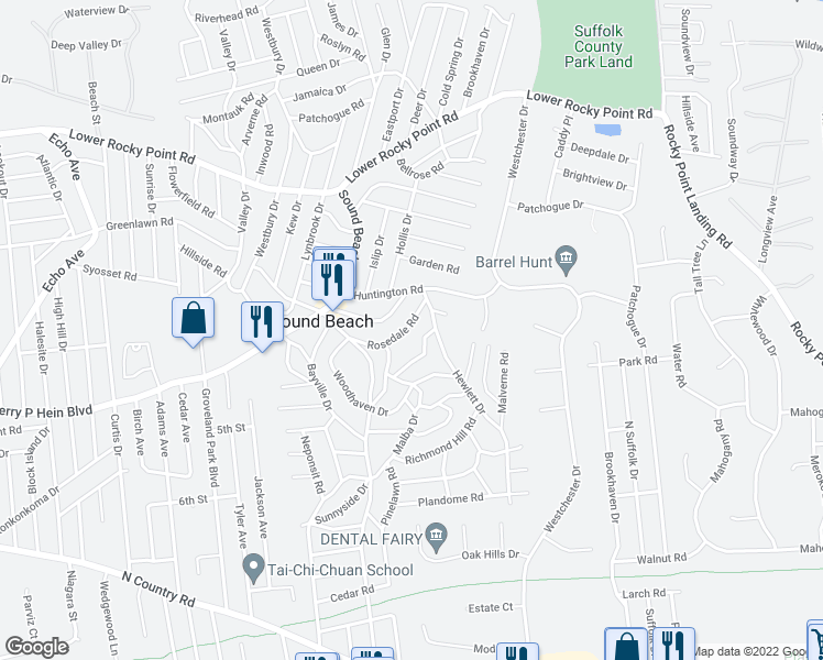 map of restaurants, bars, coffee shops, grocery stores, and more near 14 Rosedale Road in Sound Beach