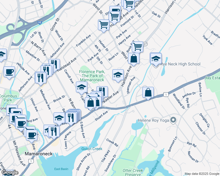 map of restaurants, bars, coffee shops, grocery stores, and more near 122 Florence Street in Mamaroneck