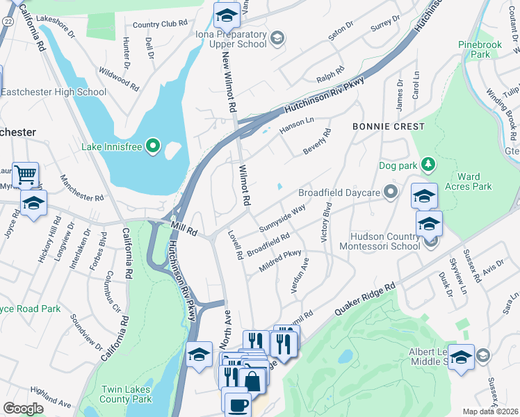 map of restaurants, bars, coffee shops, grocery stores, and more near 12 Lord Kitchener Road in New Rochelle