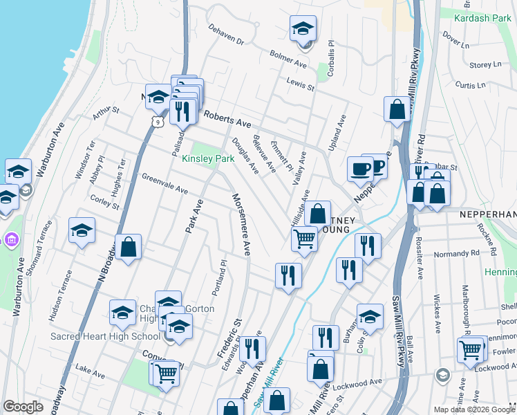 map of restaurants, bars, coffee shops, grocery stores, and more near 178 Chase Avenue in Yonkers