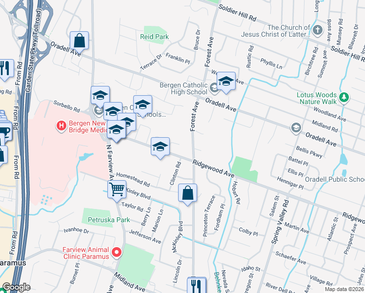 map of restaurants, bars, coffee shops, grocery stores, and more near 394 Wagner Court in Paramus