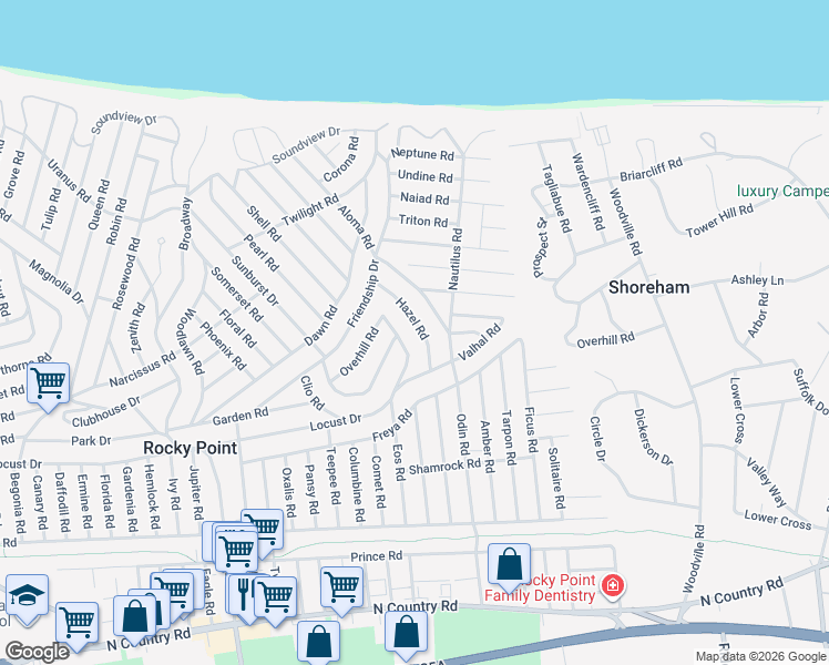map of restaurants, bars, coffee shops, grocery stores, and more near 22 Hazel Road in Rocky Point