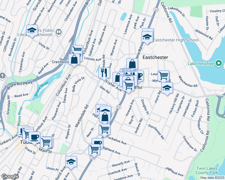 map of restaurants, bars, coffee shops, grocery stores, and more near 132 Fisher Avenue in Eastchester