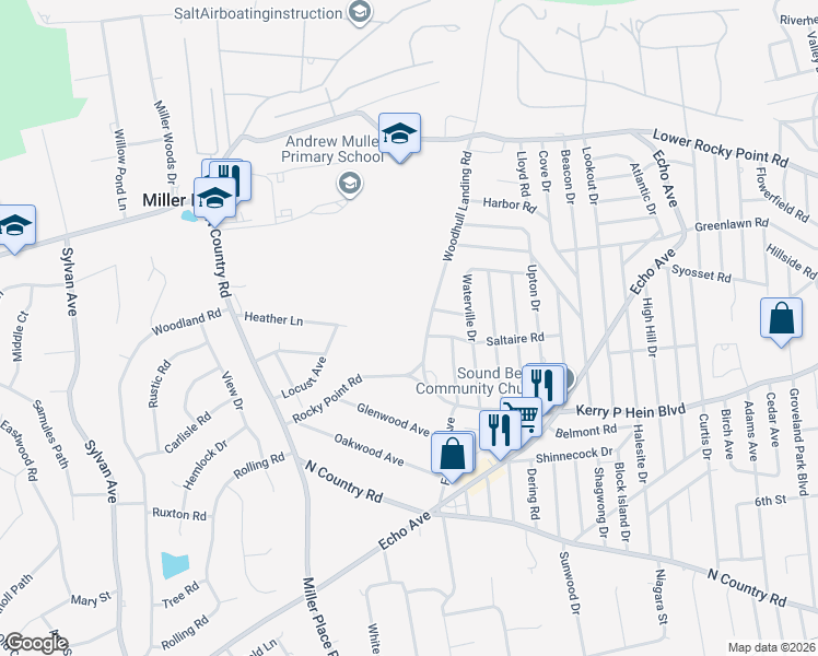 map of restaurants, bars, coffee shops, grocery stores, and more near 17 Woodhull Landing Road in Miller Place