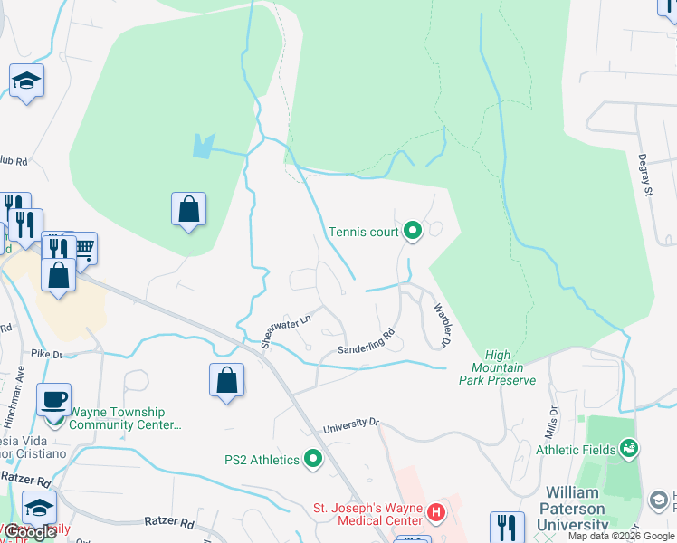 map of restaurants, bars, coffee shops, grocery stores, and more near 35 Morning Watch Road in Wayne