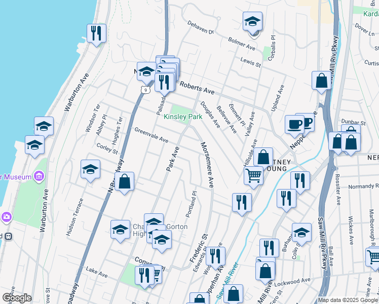 map of restaurants, bars, coffee shops, grocery stores, and more near 110 Greenvale Avenue in Yonkers