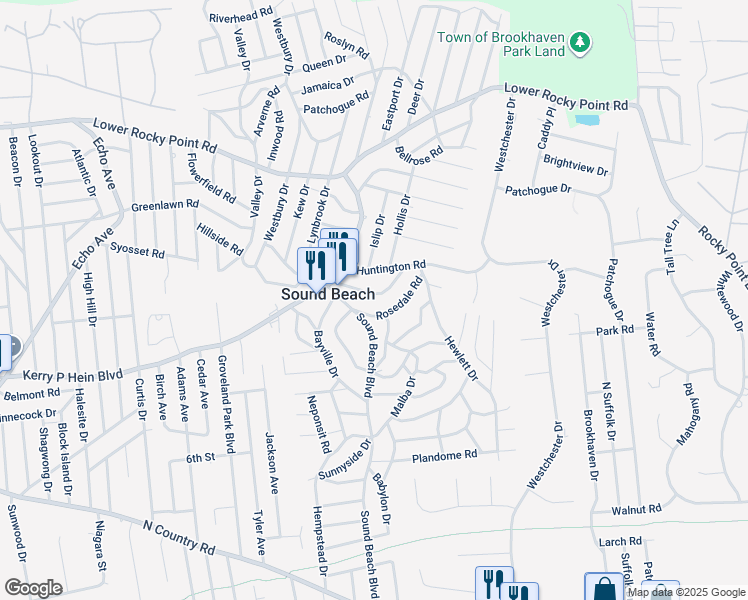 map of restaurants, bars, coffee shops, grocery stores, and more near 28 Whitestone Road in Sound Beach