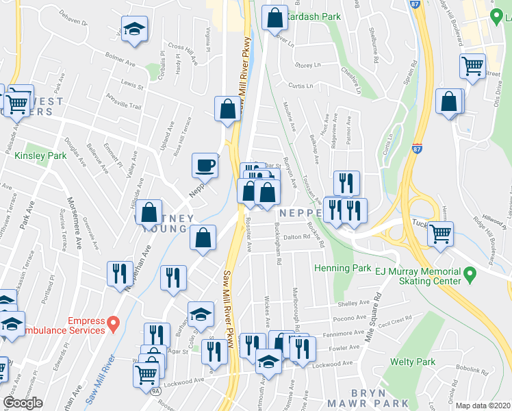 map of restaurants, bars, coffee shops, grocery stores, and more near 7 Tuckahoe Road in Yonkers